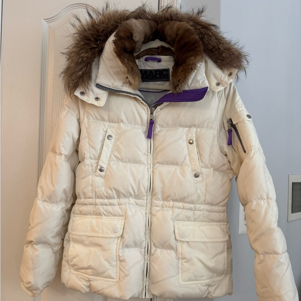 Women's Cream Puffer Jacket with Faux Fur Hood